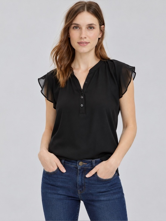 LOFT Tops - LOFT Swiss Dot Tie Neck Flutter Sleeve Blouse Size L